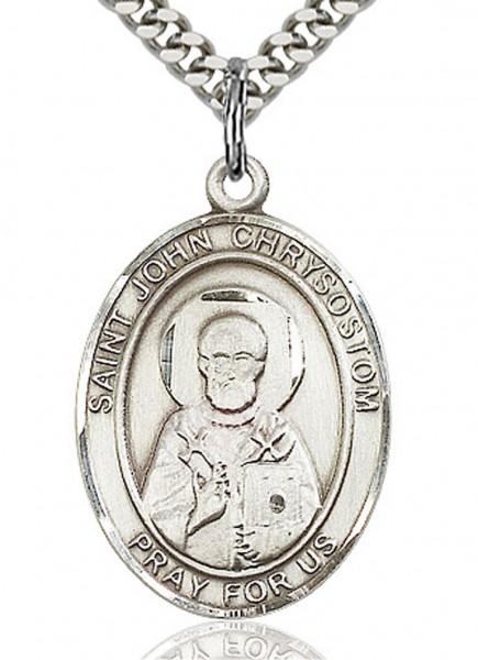 St. John Chrysostom Medal, Sterling Silver, Large - 24&quot; 2.4mm Rhodium Plate Chain + Clasp