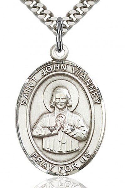 St. John Vianney Medal, Sterling Silver, Large - 24&quot; 2.4mm Rhodium Plate Chain + Clasp
