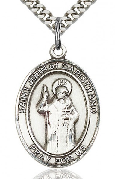 St. John of Capistrano Medal, Sterling Silver, Large - 24&quot; 2.4mm Rhodium Plate Chain + Clasp
