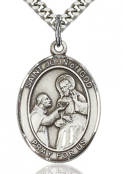 St. John of God Medal, Sterling Silver, Large - 24&quot; 2.4mm Rhodium Plate Chain + Clasp