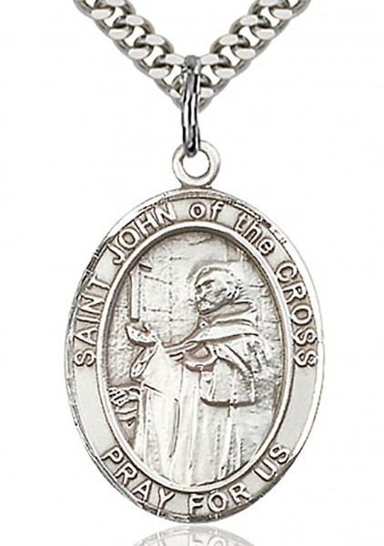 St. John of the Cross Medal, Sterling Silver, Large - 24&quot; 2.4mm Rhodium Plate Chain + Clasp