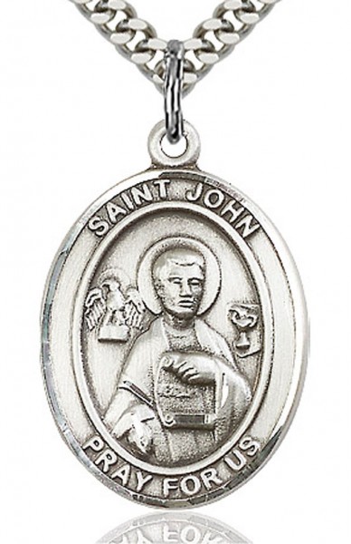 St. John the Apostle Medal, Sterling Silver, Large - 24&quot; 2.4mm Rhodium Plate Endless Chain