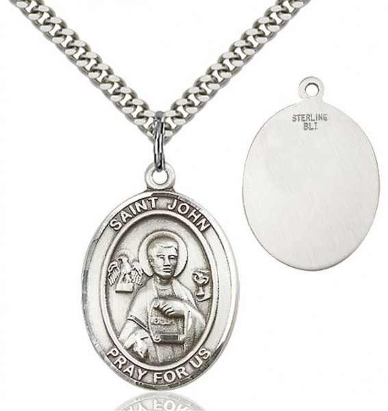 St. John the Apostle Medal, Sterling Silver, Medium - 18&quot; Lite Rhodium Plate Chain + Clasp