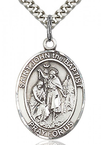 St. John the Baptist Medal, Sterling Silver, Large - 24&quot; 2.4mm Rhodium Plate Chain + Clasp