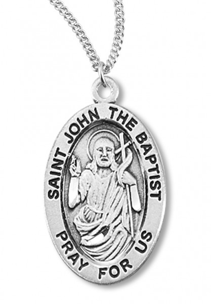 Boy's St. John the Baptist Necklace Oval Sterling Silver with Chain - 20&quot; 2.2mm Stainless Steel Chain with Clasp