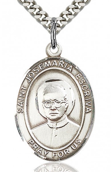 St. Josemaria Escriva Medal, Sterling Silver, Large - 24&quot; 2.4mm Rhodium Plate Chain + Clasp