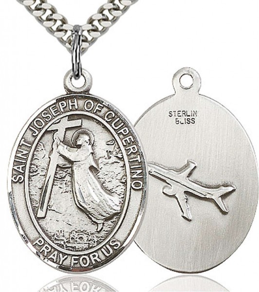 St. Joseph of Cupertino Medal, Sterling Silver, Large - 24&quot; 2.2mm Sterling Silver Chain + Clasp