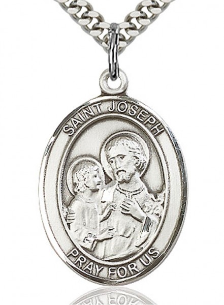 St. Joseph Medal, Sterling Silver, Large - 24&quot; 2.2mm Sterling Silver Chain + Clasp