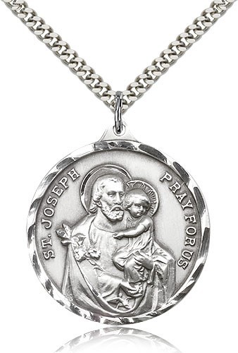 St. Joseph Medal, Sterling Silver - 24&quot; 2.4mm Rhodium Plate Chain + Clasp