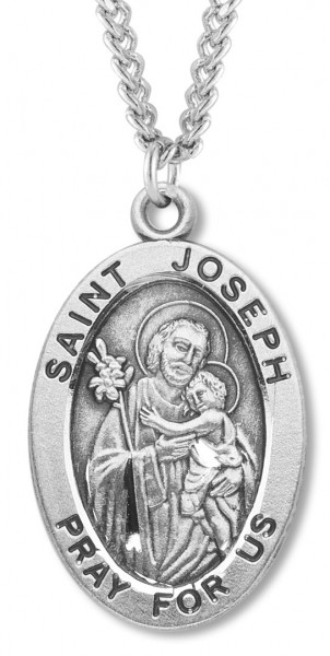 Men's St. Joseph Necklace Oval Sterling Silver with Chain Options - 24&quot; Sterling Silver Chain + Clasp