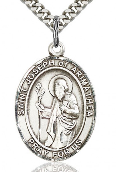 St. Joseph of Arimathea Medal, Sterling Silver, Large - 24&quot; 2.4mm Rhodium Plate Chain + Clasp