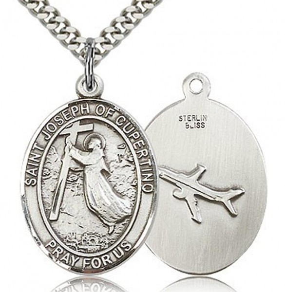 St. Joseph of Cupertino Medal, Sterling Silver, Large - 24&quot; 2.4mm Rhodium Plate Endless Chain