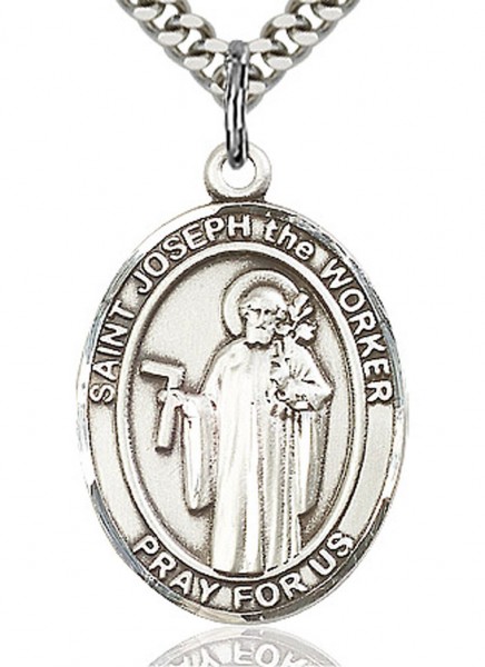 St. Joseph the Worker Medal, Sterling Silver, Large - 24&quot; 2.4mm Rhodium Plate Chain + Clasp