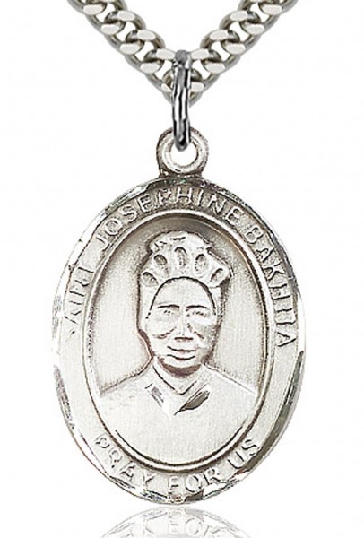 St. Josephine Bakhita Medal, Sterling Silver, Large - 24&quot; 2.4mm Rhodium Plate Chain + Clasp