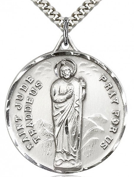 Large Men's Sterling Silver Saint Jude Medal - 24&quot; 2.4mm Rhodium Plate Endless Chain