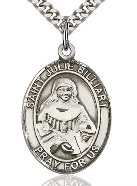St. Julie Billiart Medal, Sterling Silver, Large - 24&quot; 2.4mm Rhodium Plate Chain + Clasp
