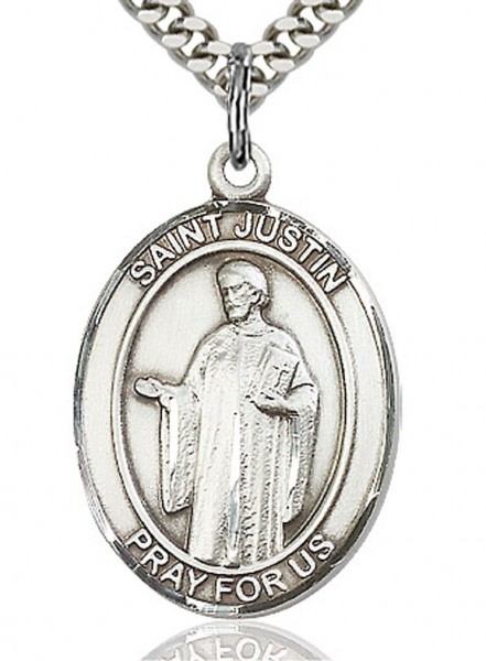 St. Justin Medal, Sterling Silver, Large - 24&quot; 2.2mm Sterling Silver Chain + Clasp