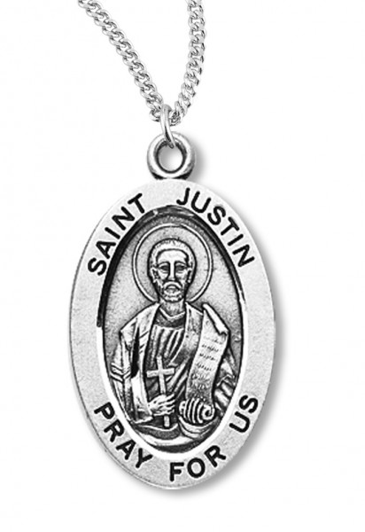 Boy's St. Justin Necklace Oval Sterling Silver with Chain - 20&quot; 2.2mm Stainless Steel Chain with Clasp