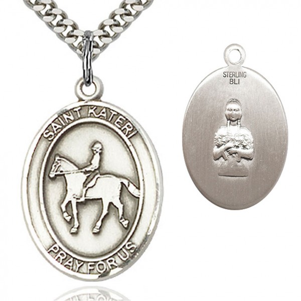 St. Kateri Equestrian Medal, Sterling Silver, Large - 24&quot; 2.4mm Rhodium Plate Chain + Clasp