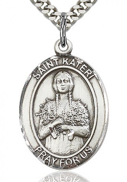 St. Kateri Medal, Sterling Silver, Large - 24&quot; 2.2mm Sterling Silver Chain + Clasp