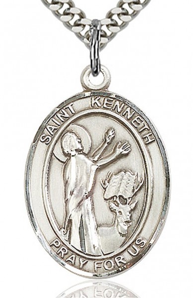 St. Kenneth Medal, Sterling Silver, Large - 24&quot; 2.4mm Rhodium Plate Chain + Clasp