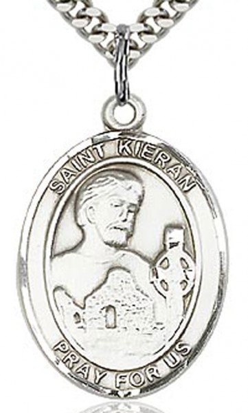 St. Kieran Medal, Sterling Silver, Large - 24&quot; 2.4mm Rhodium Plate Chain + Clasp