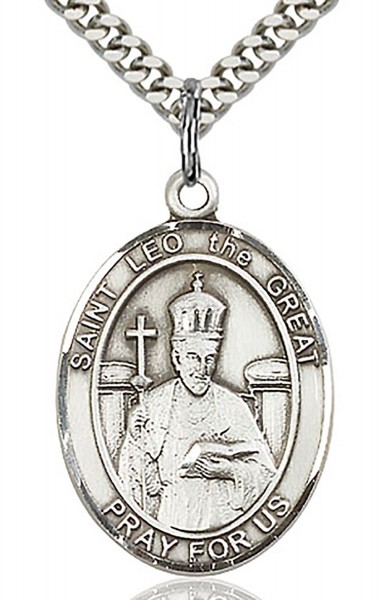 St. Leo the Great Medal, Sterling Silver, Large - 24&quot; 2.4mm Rhodium Plate Chain + Clasp