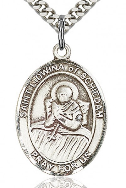 St. Lidwina of Schiedam Medal, Sterling Silver, Large - 24&quot; 2.4mm Rhodium Plate Chain + Clasp