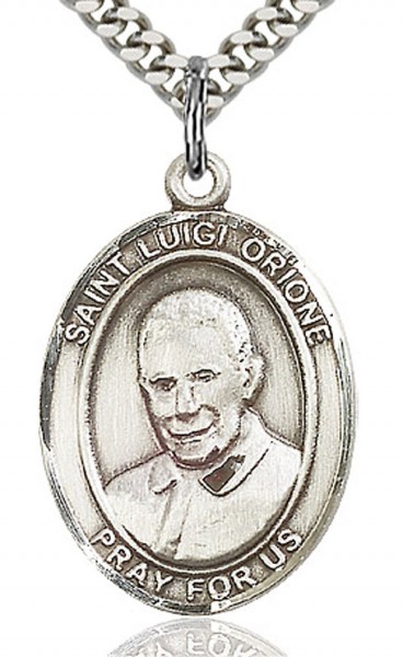 St. Luigi Orione Medal, Sterling Silver, Large - 24&quot; 2.4mm Rhodium Plate Chain + Clasp