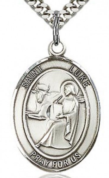 St. Luke the Apostle Medal, Sterling Silver, Large - 24&quot; 2.2mm Sterling Silver Chain + Clasp