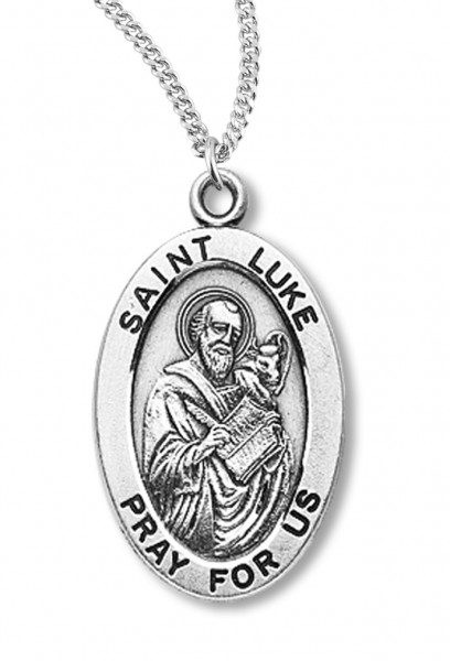 Boy's St. Luke Necklace Oval Sterling Silver with Chain - 20&quot; 2.2mm Stainless Steel Chain with Clasp