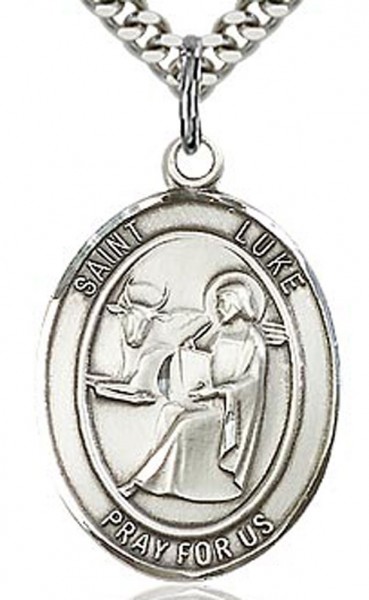 St. Luke the Apostle Medal, Sterling Silver, Large - 24&quot; 2.4mm Rhodium Plate Chain + Clasp