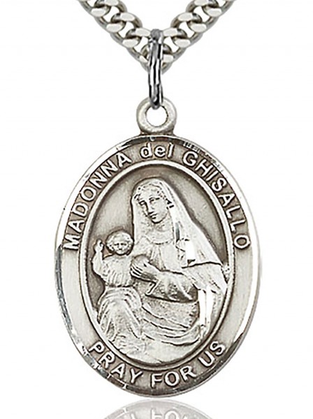 St. Madonna Del Ghisallo Medal, Sterling Silver, Large - 24&quot; 2.4mm Rhodium Plate Chain + Clasp