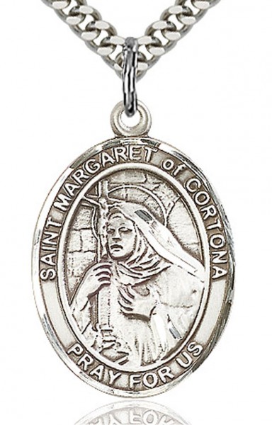 St. Margaret of Cortona Medal, Sterling Silver, Large - 24&quot; 2.4mm Rhodium Plate Chain + Clasp