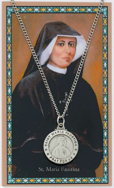 St. Maria Faustina Medal with Prayer Card - Silver tone