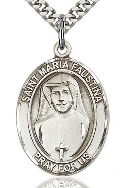 St. Maria Faustina Medal, Sterling Silver, Large - 24&quot; 2.2mm Sterling Silver Chain + Clasp