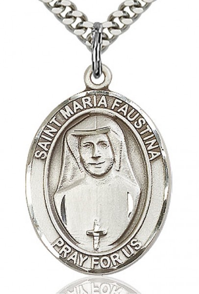 St. Maria Faustina Medal, Sterling Silver, Large - 24&quot; 2.4mm Rhodium Plate Endless Chain