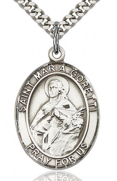 St. Maria Goretti Medal, Sterling Silver, Large - 24&quot; 2.4mm Rhodium Plate Chain + Clasp