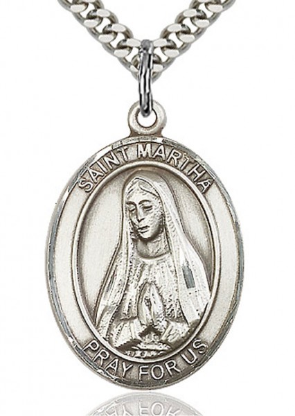 St. Martha Medal, Sterling Silver, Large - 24&quot; 2.2mm Sterling Silver Chain + Clasp