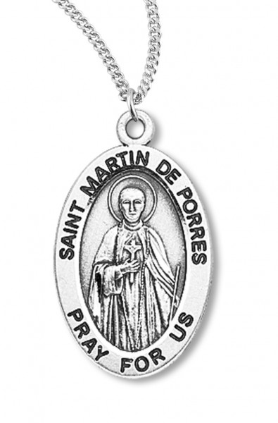 Boy's St. Martin De Porres Necklace Oval Sterling Silver with Chain - 20&quot; 2.2mm Stainless Steel Chain with Clasp