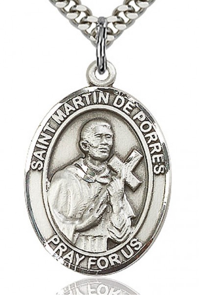 St. Martin de Porres Medal, Sterling Silver, Large - 24&quot; 2.2mm Sterling Silver Chain + Clasp