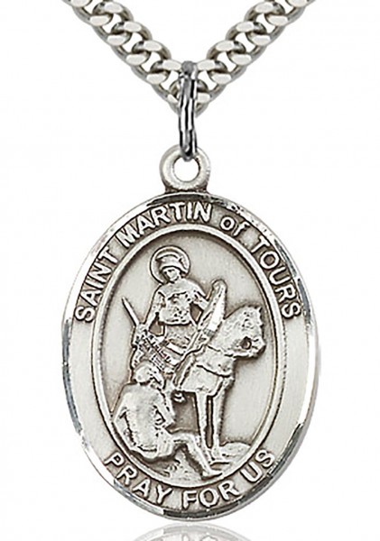 St. Martin of Tours Medal, Sterling Silver, Large - 24&quot; 2.4mm Rhodium Plate Endless Chain