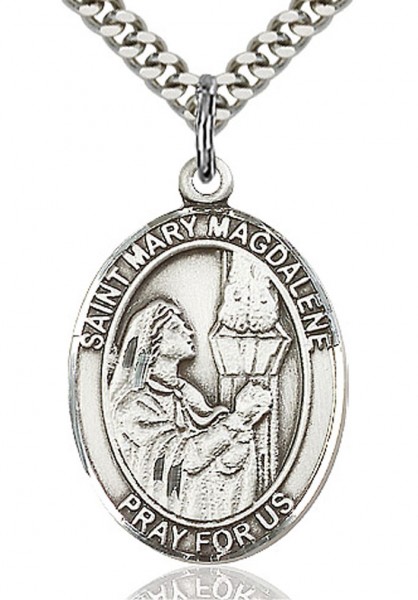 St. Mary Magdalene Medal, Sterling Silver, Large - 24&quot; 2.2mm Sterling Silver Chain + Clasp