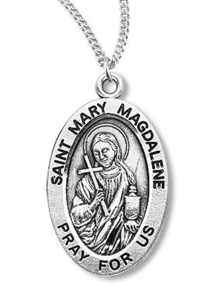 Women's St. Mary Magdalene Necklace Oval Sterling Silver with Chain Options - 20&quot; 1.8mm Sterling Silver Chain + Clasp