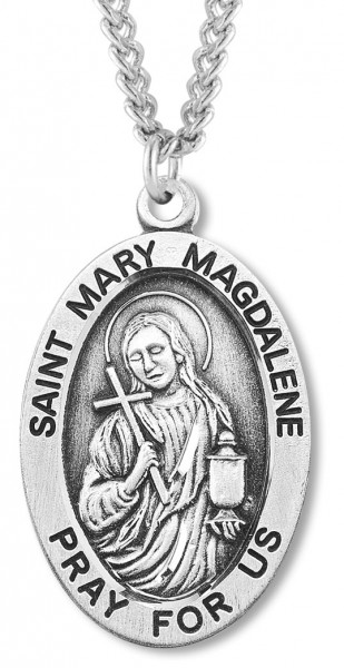 Men's St. Mary Magdalene Necklace Oval Sterling Silver with Chain Options - 24&quot; Sterling Silver Chain + Clasp