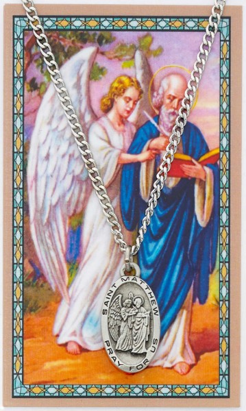 St. Matthew Medal and Prayer Card - Silver tone