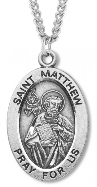 Men's St. Matthew Necklace Oval Sterling Silver with Chain Options - 24&quot; 2.4mm Rhodium Plate Endless Chain