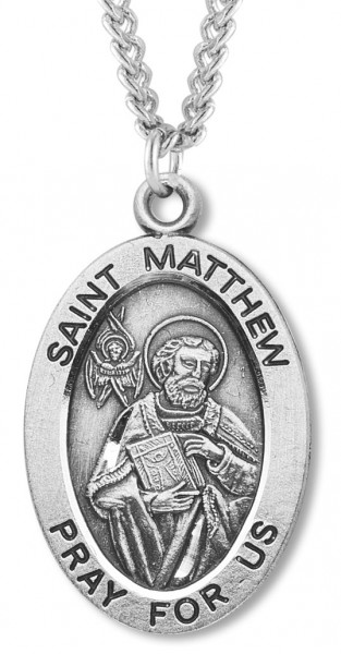 Men's St. Matthew Necklace Oval Sterling Silver with Chain Options - 24&quot; 3mm Stainless Steel Endless Chain