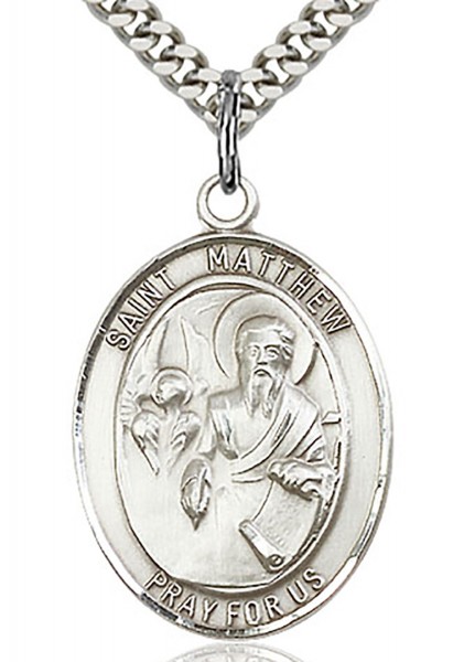 St. Matthew the Apostle Medal, Sterling Silver, Large - 24&quot; 2.4mm Rhodium Plate Chain + Clasp