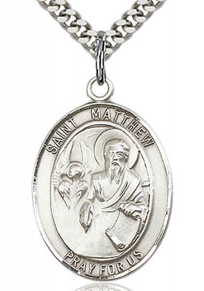 St. Matthew the Apostle Medal, Sterling Silver, Large - 24&quot; 2.4mm Rhodium Plate Endless Chain